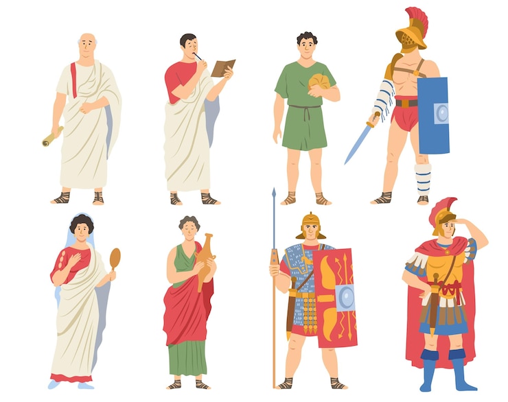 Vector 古代ローマの伝統的な服装を着た男性と女性のキャラクターを集めたローマ市民の戦士.