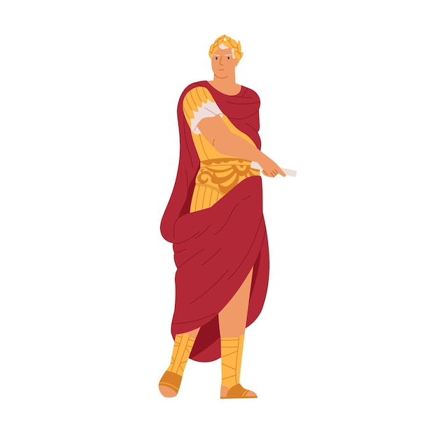 Vector roman emperor in laurel crown and cape. gaius julius caesar, dictator and general of ancient rome. julio cesar, historical character. flat vector illustration isolated on white background