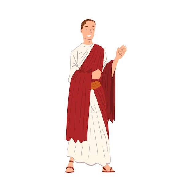 Vector roman emperor in traditional clothes ancient rome citizen character in red toga and white tunic and sandals vector illustration