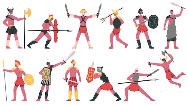 Vector roman gladiator characters. ancient roman warlike gladiators, martial greek fighters cartoon isolated vector illustration set. armed fighting warriors, armor warrior rome with sword and shield