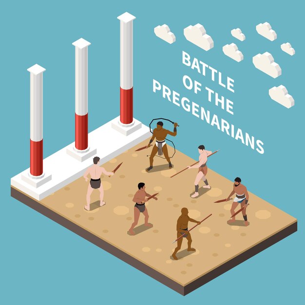 Vector roman gladiators isometric background demonstrated battle of pregenarians with wooden weapon vector illustration