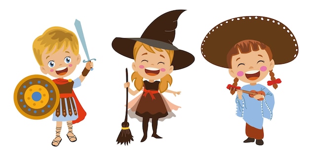 Roman military witch with flying broomstick and cute kids in costume dressed in mexican outfit