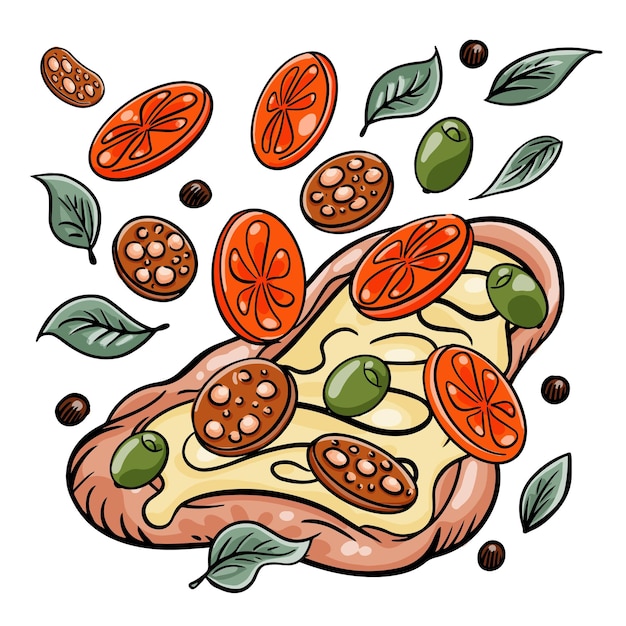 Римская прямоугольная пицца с летающими помидорами, салями и зеленью.