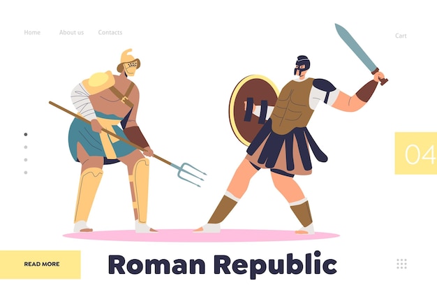 Roman republic concept of landing page with gladiator fight with barbarian on arena