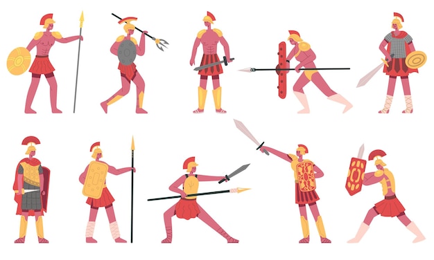 ローマの兵士。古代ローマ軍の戦士、ローマ軍団兵、ギリシャの兵士の漫画のベクトルイラストセット。武道のローマ字。ヘルメットと剣を持つ戦士と兵士