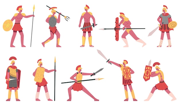 Roman soldiers. Ancient roman army warriors, rome legionnaires, greek soldiers cartoon vector illustration set. Martial roman characters. Warrior and soldier with helmet and sword