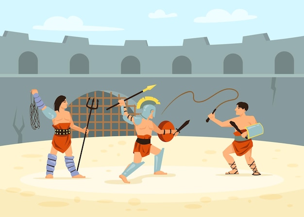 Vector roman soldiers defeating each other in battle on arena. cartoon illustration.