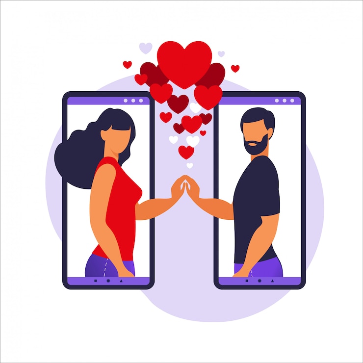वेक्टर romance app, virtual relationship , communication, social media concept. two smartphones with dating application that help people find love. illustration in flat.