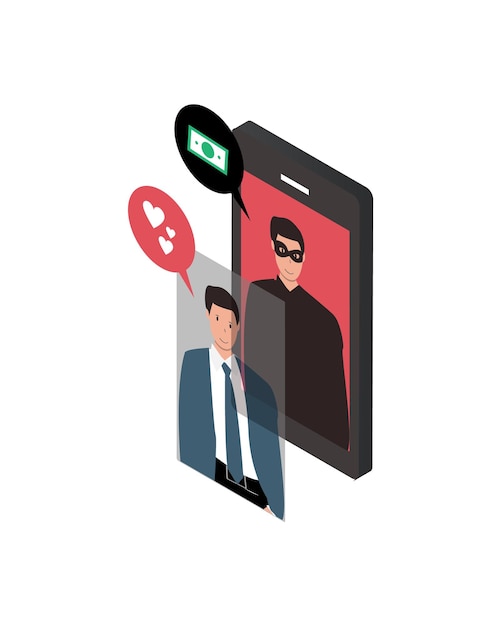 romance scam or love scammer with criminal have a fake online identity to gain a victims affection