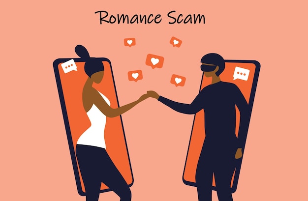 Romance truffa online dating truffa cyber crimine concetto donna innamorata di hacker truffatore in chat