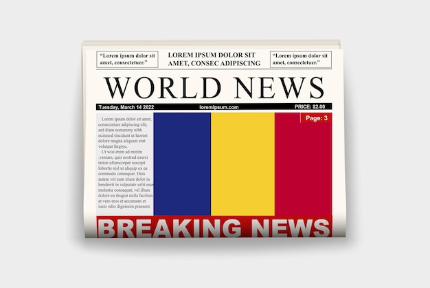 Romania country newspaper flag breaking news on newsletter news concept gazette page headline