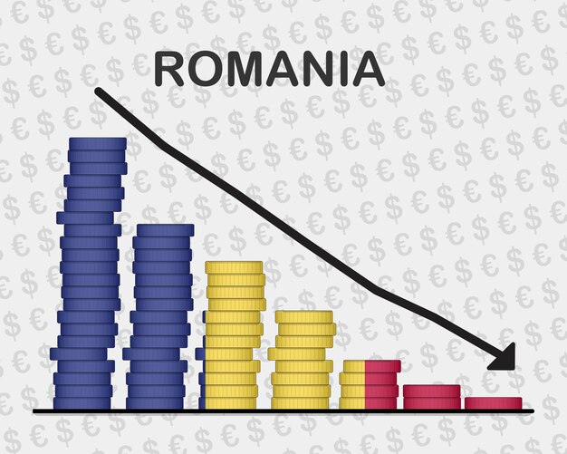 Vector romania economic collapse decreasing values with coins crisis and downgrade concept