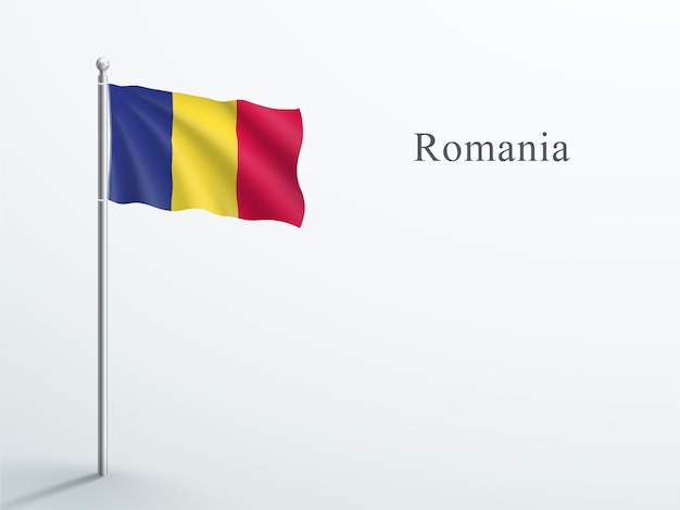 Vettore bandiera della romania elemento 3d che ondeggia sul pennone in acciaio