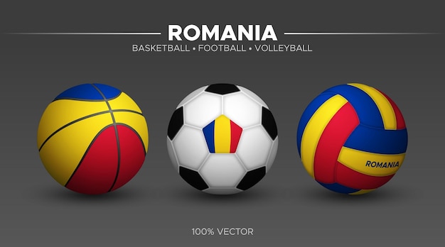 Romania bandiera basket calcio pallavolo palle mockup 3d illustrazione vettoriale sport isolato