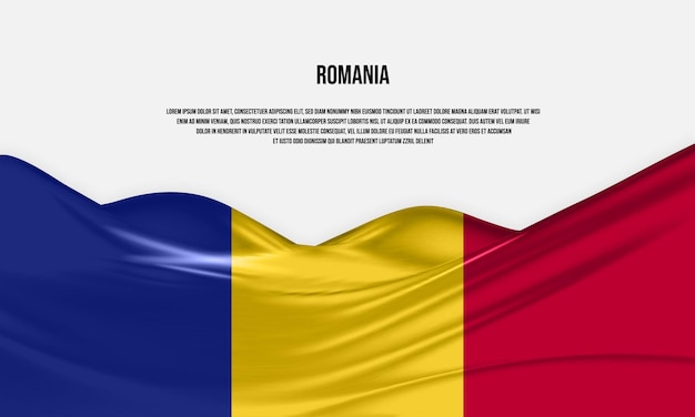 Romania flag design. Waving Romania flag made of satin or silk fabric. Vector Illustration.
