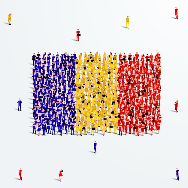 Romania Flag. A large group of people form to create the shape of the Romanian flag. Vector.