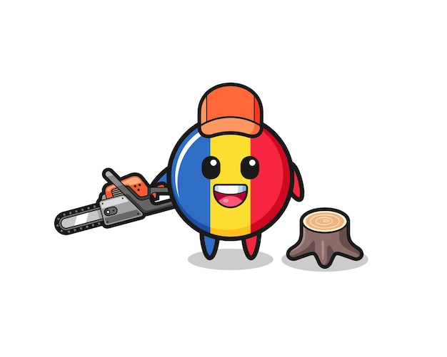 Romania flag lumberjack character holding a chainsaw , cute design