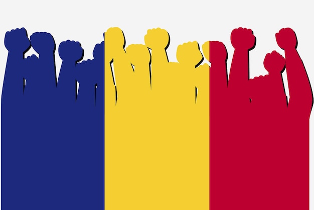 Romania flag with raised protest hands vector country flag logo Romania protesting concept