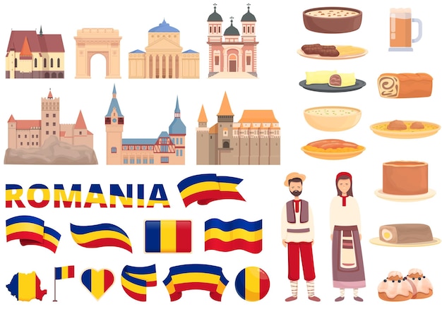 Vector romania icons set cartoon vector. food map