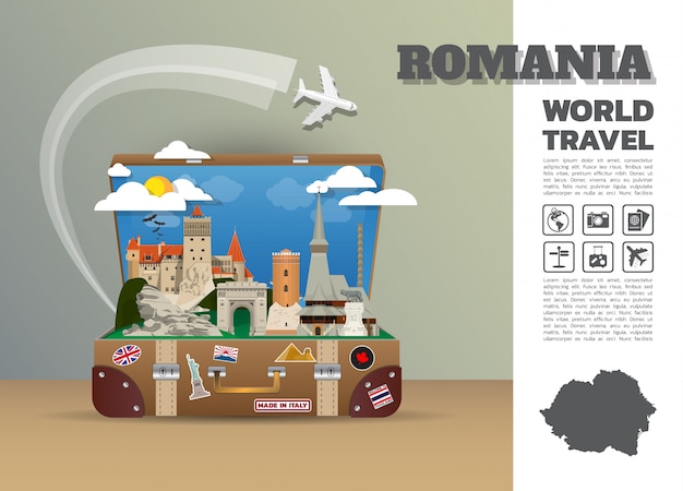 Bagagli globali di infographic di viaggio e di viaggio del punto di riferimento della romania. design template./illustration.