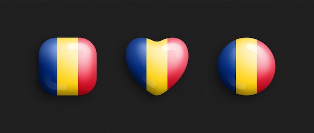 Вектор Официальный национальный флаг румынии 3d векторные глянцевые иконы в округлой квадратной форме сердца и круга изолированы на фоне румынский знак и символы элементы графического дизайна объемные кнопки коллекция