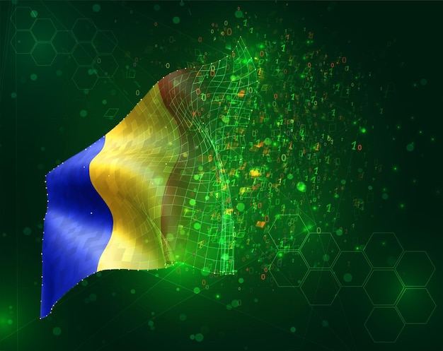 Romania, vector 3d flag on green background with polygons and data numbers