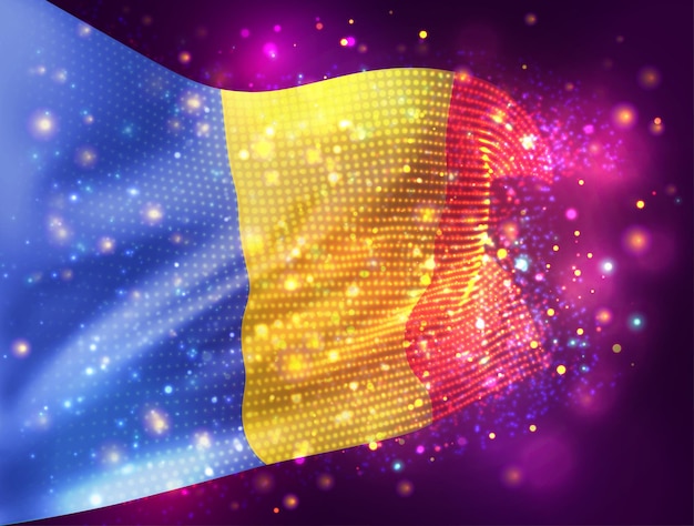 Румыния, вектор 3d флаг на розовом фиолетовом фоне с освещением и вспышками