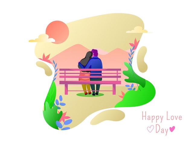 Vector romantic abstract sunny landscape background with back view of embracing couple sit on bench for happy love day