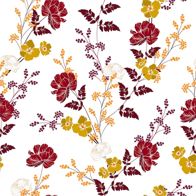 Romantic autumn blooming flowers and botanical plant seamless floral pattern