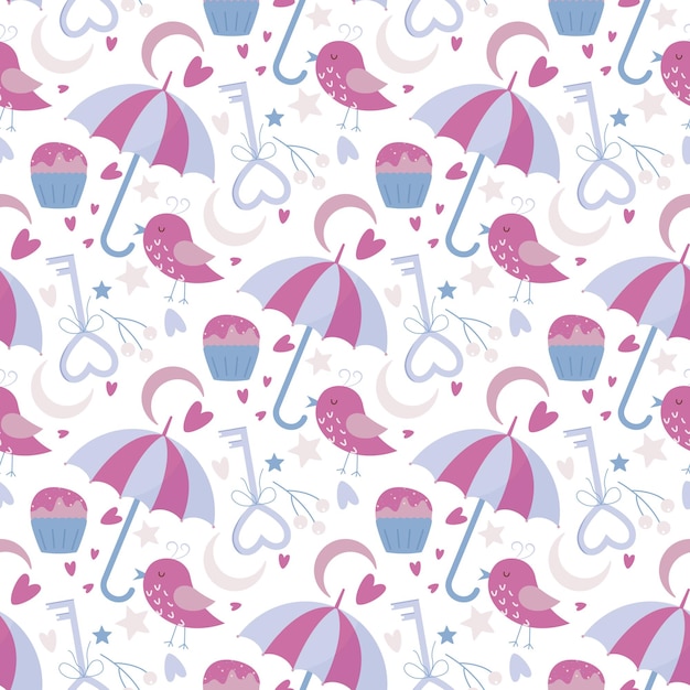 Vector romantic background with umbrellas and birds