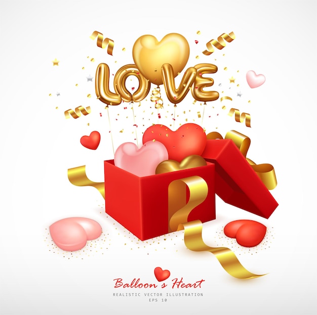 Romantic balloons heart and letter love bounce from the gift box