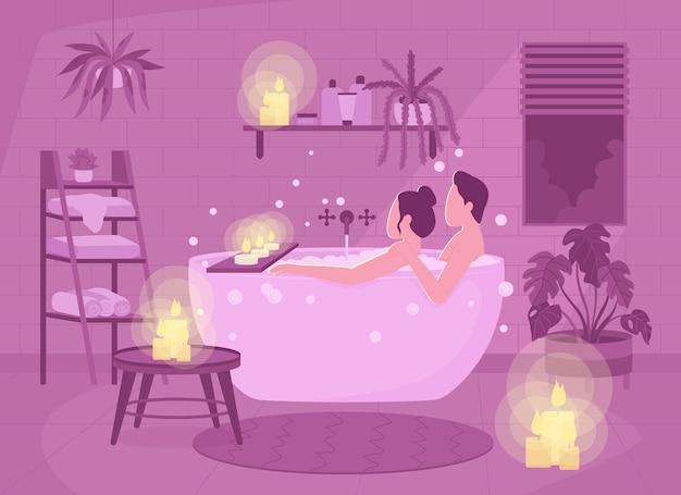 Vector romantic bath together flat color vector illustration