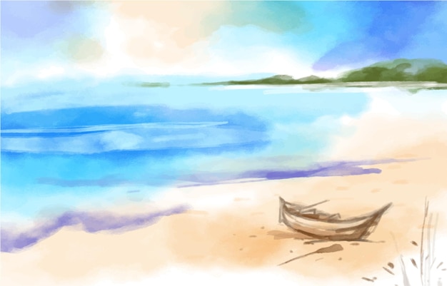 Romantic beach and fisherman watercolor background