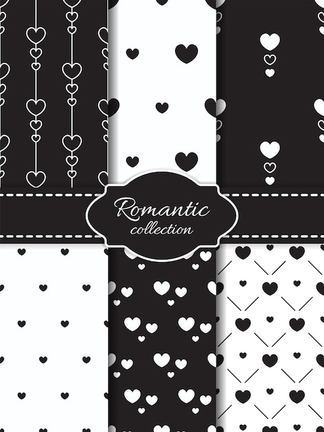 Romantic black and white seamless patterns collection