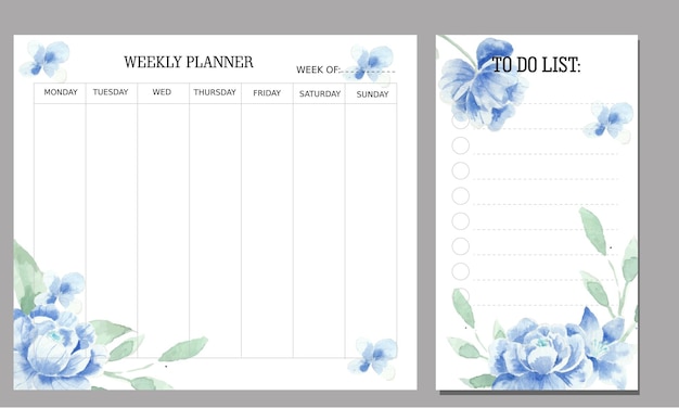 Romantic Blue Rose Watercolor Weekly Planner and To Do List Template