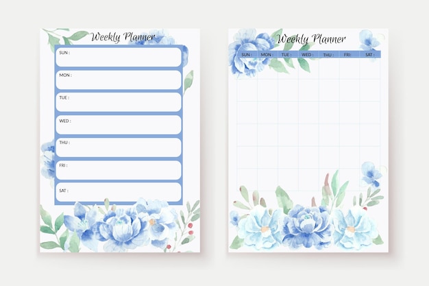 Vector romantic blue rose watercolor weekly planner template