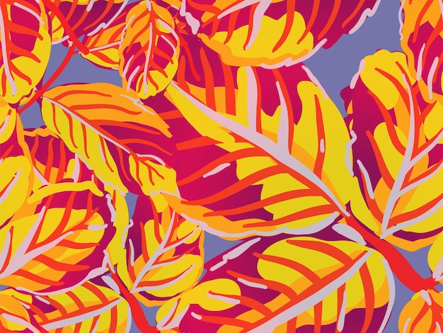 ロマンチックな植物のベクトルの背景。ペイントされたイングリッシュ ローズ リーフ パターン コレクション。夏のテキスタイル デザイン。サフランの黄色と赤の繰り返し春の牡丹の壁紙。バラの葉のシームレスなパターン。