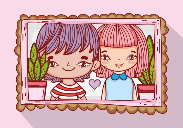 Vector romantic boy and girl couple picture with plants