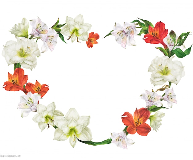 Romantic bridal heart shape wreath with white and red flowers