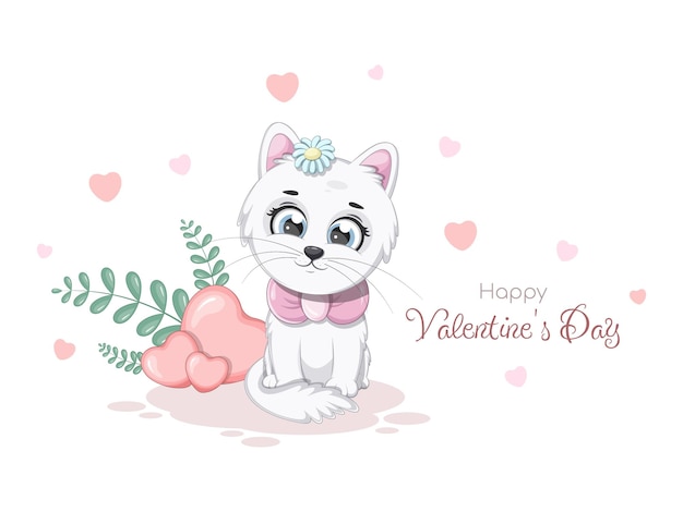 Romantic card with cartoon kitten and hearts
