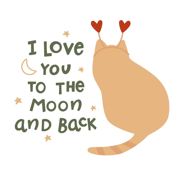 恋人へのロマンチックな猫のカード ガーランド ハートから月まで愛してる ベクター