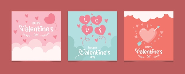 하트, 구름, 풍선의 일러스트와 함께 로맨틱 컬러 발렌타인 데이 인사말 카드