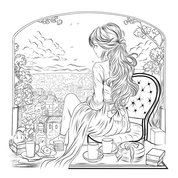 Romantic coloring pageBeautiful woman sitting with her back on the background of the landscape