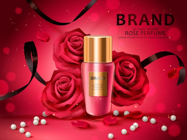 Set cosmetico romantico, profumo di rosa con rose rosse, perla bianca e nastri neri isolati 3d'illustrazione