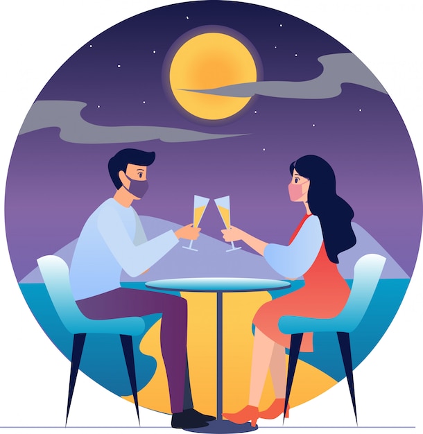 Vector romantic couple are dating at seaside illustration