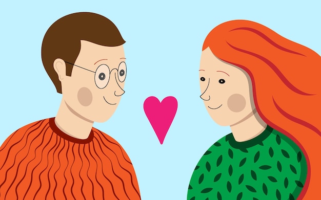 Romantic couple cartoon vector illustration smiling man and woman looking at each other