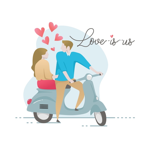 Romantic couple character on scooter with quote lettering
