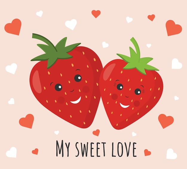 Vector romantic couple of cute funny strawberries in love cartoon fruits