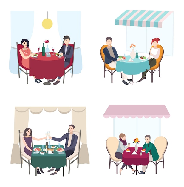 Vettore cena romantica di coppia al bar, ristorante. set di uomini e donne data. illustrazione piana di raccolta.