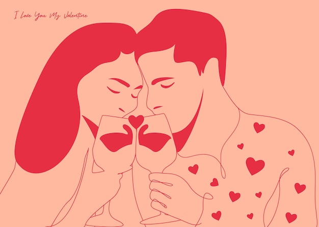 Romantic Couple Drinking Wine Modern Illustration
